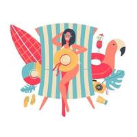 jonge vrouw in bikini zonnebaden liggend op het strand. uitzicht van boven. geïsoleerde zomer concept met zee vakantie spullen. vector platte cartoon afbeelding.