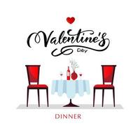 romantisch diner voor Valentijnsdag. een tafel met een wit tafelkleed, geserveerd met glazen, wijn en porseleinen platte vectorstijl dinerillustratie met belettering. vector