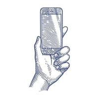 hand met smartphone in graveerstijl vector