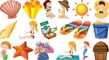 set zomerstrandobjecten en stripfiguren vector