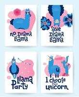 lama en alpaca collectie van schattige handgetekende illustraties, kaarten en design voor kinderdagverblijf design, poster, wenskaart. super leuke heldere print set. belettering qoutes - geen drama lama, lama party vector