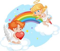 engel jongen en meisje met regenboog in de lucht vector
