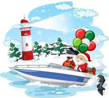 besneeuwde dag met de kerstman die geschenken per boot aflevert vector