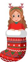 een schattig meisje in kerstsok in cartoonstijl vector