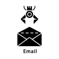 glyph-pictogram voor e-mail. robot die envelop opent. workflows automatiseren. administratieve procesautomatisering. rpa. silhouet symbool. negatieve ruimte. vector geïsoleerde illustratie