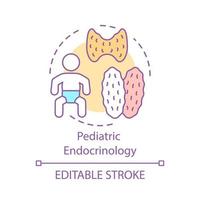 pediatrische endocrinologie concept icoon. bijnier-, schildklier- en hypofyseproblemen. endocriene klieren ziekte. kinderhormoon regelgeving idee dunne lijn icoon. vector geïsoleerde overzichtstekening. bewerkbare streek