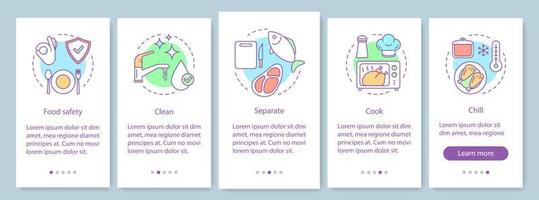 onboarding mobiele app-paginaschermsjabloon voor voedselveiligheid. voedselverwerking, behandeling, bereiding en opslag. preventie van door voedsel overgedragen ziekten. doorloop website stappen. ux, ui, gui smartphone-interface vector