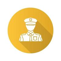 politieagent platte ontwerp lange schaduw glyph pictogram. politie agent. beroep. vector silhouet illustratie