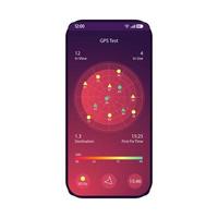 gps test smartphone interface vector sjabloon. mobiele app pagina paarse ontwerplay-out. satellieten locatie tracker scherm. platte ui voor toepassing. navigatie, instellingen voor het weigeren van satellieten. telefoon display