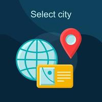 selecteer stad platte concept vector icoon. online kaart app idee cartoon kleur illustraties set. reisbestemming. toeristische route. reis, reisplanning. aardbol. geïsoleerd grafisch ontwerpelement