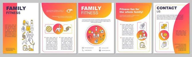 familie fitnesscentrum brochure sjabloon. lidmaatschap van de sportschool. flyer, boekje, folder print ontwerp. lichamelijke oefeningen. training. gezonde levensstijl. vectorpaginalay-outs voor tijdschriften, rapporten, posters