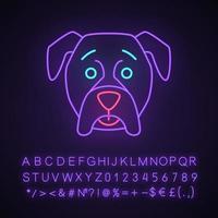 boxer schattig kawaii neonlicht karakter. hond met verstilde snuit. verbaasd huisdier. grappige emoji, emoticon. gloeiend pictogram met alfabet, cijfers, symbolen. vector geïsoleerde illustratie