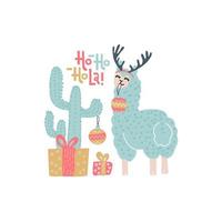 schattige alpaca kerst wenskaart vector sjablonen voor kinderen met cactus, geschenkdozen, grappige kleur lama met handgeschreven tekst - ho-ho-ho-la. lama in gewei versiert cactus met kerstballen.