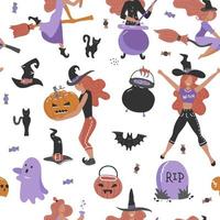 naadloos halloween-patroon met schattige jonge heks, kat, spoken, vleermuizen, ketel en pompoenen. vector platte hand getekende illustratie.