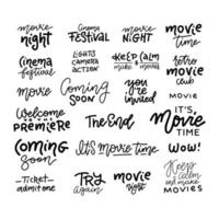 set van bioscoop, film, film doodles en trendy belettering geïsoleerd op een witte achtergrond. vectortekst. goed voor logo, pin, t-shirtontwerp, posters, kaarten en banners vector