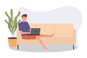 werken vanuit huis plat ontwerp, man werkt met zijn laptop, een freelancer man werkt achter een laptop. thuiskantoor werkplek vector