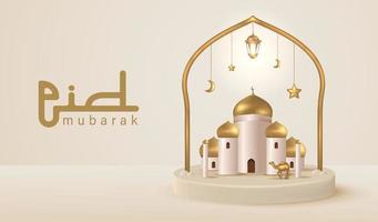 illustratie van 3D-realistische gouden koepel moskee in Arabische raamstijl voor eid Mubarak sjabloon vectorillustratie, mini moskee 3d op ronde podium met één kleur achtergrond vector