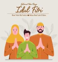 cartoon moslim familie vieren eid al fitr, vlakke stijl vectorillustratie voor eid wenskaart poster en banner vector