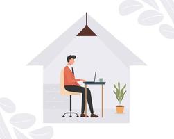 werken vanuit huis plat ontwerp, man werkt met zijn laptop, een freelancer man werkt achter een laptop. thuiskantoor werkplek vector