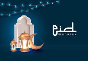 eenvoudige eid mubarak met realistische lantaarn en wassende maan in blauwe monotone vectorillustratie als achtergrond