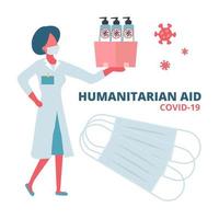 humanitaire steun, missie van goede wil bij het lijden aan een coronavirusepidemie, opzettelijke hulp, het leveren van maskers, ontsmettingsgel, toiletpapierconcept. arts met doos in de hand. platte vectorillustratie vector