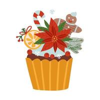 prettige kerstdagen en gelukkig nieuwjaar voedselelement. platte vectorillustratie met schattige zoete cupcake versierd met poinsettia, gingerbread man en sinaasappelschijfje. een sjabloon voor een wenskaart. vector