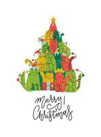 schattige groene en rode katten kerstboom silhouet. grappige wenskaart voor dierenliefhebbers. vector platte hand getekende illustratie doodle. stapel katten acteren kerstboom. lijnbelettering - vrolijk kerstfeest