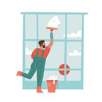 een man die het raam schoonmaakt met een ruitenwisser en een emmer. mannelijke reiniger in uniform wasglas. geïsoleerde hand getrokken vectorillustratie. vector