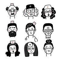 arts en verpleegkundige gezichten doodle pictogrammen instellen. medisch personeel zwarte lineaire avatars op witte achtergrond. vector hand getekende illustratie