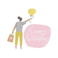 gelukkige verjaardagskaart met coole vrouw met feestballon en cadeau. platte hand getekende vectorillustratie met elegante belettering tekst. vector