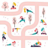 yoga meisjes in een park naadloze patroon witte background.people doen activiteiten en sporten buiten tussen paden en bomen. vrouwen doen stretching, fitness buiten. platte vector scandinavische illustratie