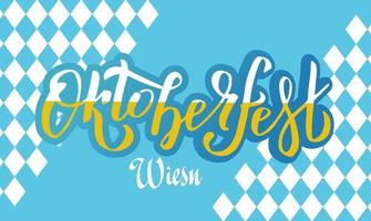 oktoberfest wiesn handgeschreven letters logo op wit en blauw Beiers patroon. bierfestival vectorbanner. blauwe, witte belettering typografie voor poster, kaart. woord is gevuld met schuimend bier vector