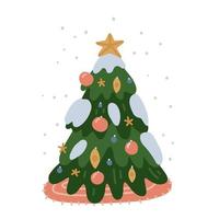 besneeuwde versierde kerstboom buiten de deur geïsoleerd op een witte achtergrond. prettige kerstdagen en gelukkig nieuwjaar cartoon feestelijke kaart met schattige platte vectorillustraties. vector