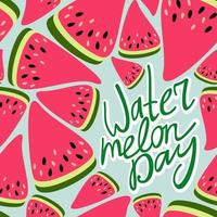 naadloos vectorpatroon met belettering en stukjes watermeloen. nationale watermeloendag. vector