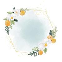 aquarel witte bloem en oranje fruit krans met gouden geometrie frame op splash achtergrond vector