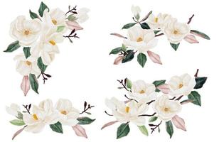 Aquarel witte magnolia bloem en blad boeket clipart collectie geïsoleerd op een witte achtergrond vector