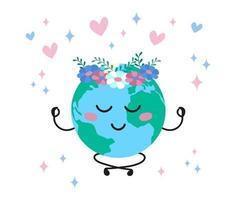 schattige aarde mediteert en glimlacht. cartoon planeet met bloem krans op hoofd geïsoleerd. platte vectorillustratie voor Earth Day vector
