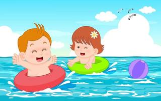 jongen en meisje zwemmen in de zee met rode en groene zwemring, vakantie van zomervakantie-activiteiten. vector