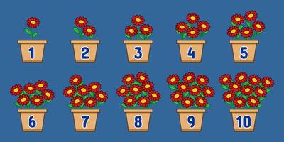 leer cijfers van rode bloemen in potten en telnummers voor kinderen. vector