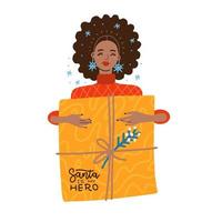 schattige lachende Afro-Amerikaanse vrouw die de doos van de Kerstmisgift draagt. gelukkig jong meisje groot cadeau. vrouwelijke stripfiguur vieren met Kerstmis. platte vectorillustratie vector