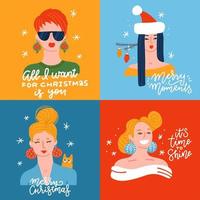 set van jonge vrouwen verkleed voor kerstmis. feestelijk vrolijk kerstfeest en een gelukkig nieuwjaarskaart meisjes collectie geïsoleerd op wit. platte vectorillustratie met schattige aanhalingstekens vector