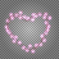 roze gloeilampen in hartvormig frame op transparante achtergrond. vakantieverlichting gemaakt van guirlandedraad voor een gelukkige valentijnsdag vector