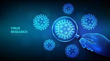 virusonderzoeksconcept met vergrootglas in draadframehand en abstracte nieuwe coronavirusbacteriën. vergrootglas en viruscel close-up. coronavirus 2019-ncov. covid19. 3D-vectorillustratie. vector