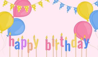 gelukkige verjaardag platte achtergrond met briefvormige kaarsen, ballonnen, bunting. vector
