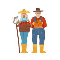 oude boer met zijn vrouw. bejaarde echtpaar en tuinmannen. senior opa en oma staan met lokale oogst. vector platte cartoon afbeelding.