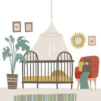 kinderkamer in pastelkleuren voor de pasgeboren baby. babykamer met meubels. kinderkamerinterieur met babybedje, fauteuil en plant. vector platte hand getekende illustratie.