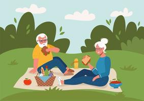 oud paar met picknick buitenshuis gelukkig pensioen platte vector schets illustratie. oudere man en vrouw zittend op de grond.