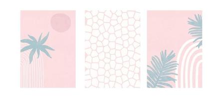 set van drie pastel posters met gebladerte, regenboog en abstracte vormen, vectorillustratie. minimale Scandinavische bladeren en planten art print. abstractieontwerp voor achtergrond, behang, kaart, muurkunst vector