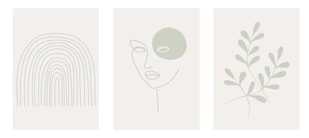 set van drie abstracte minimalistische posters met het gezicht van de vrouw, bladeren en regenboog. hedendaagse kunst wordt afgedrukt collectie, vectorillustratie. abstractieontwerp voor achtergrond, behang, kaart, muurkunst vector