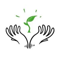 hand getrokken doodle hand en zaad plant illustratie pictogram symbool voor het redden van de natuur aarde vector